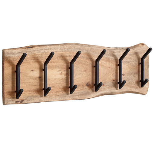 Wandgarderobe Akazie Massivholz Metall Hakenleiste mit sechs schwarzen Haken auf naturfarbener Holzplatte, Gesamtansicht.