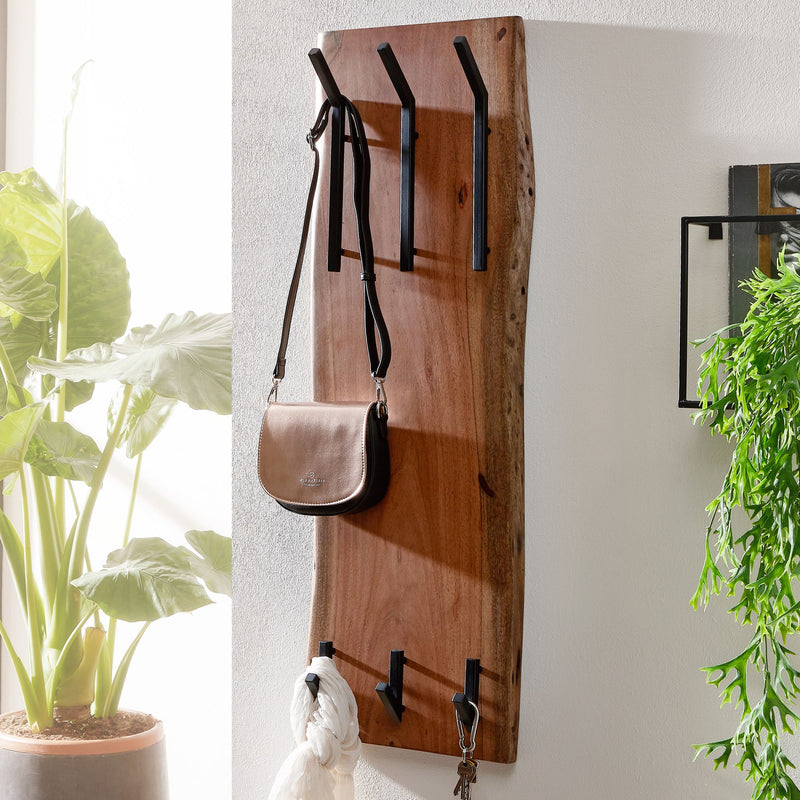 Wandgarderobe Akazie Massivholz Metall Hakenleiste 2-reihig 35,5x100x11cm