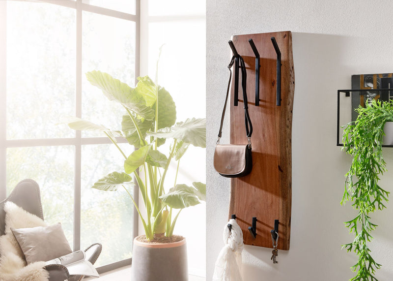 Wandgarderobe Akazie Massivholz Metall Hakenleiste 2-reihig 35,5x100x11cm