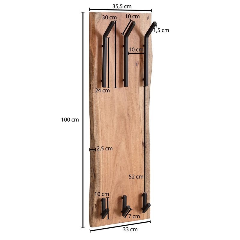 Wandgarderobe Akazie Massivholz Metall Hakenleiste 2-reihig 35,5x100x11cm