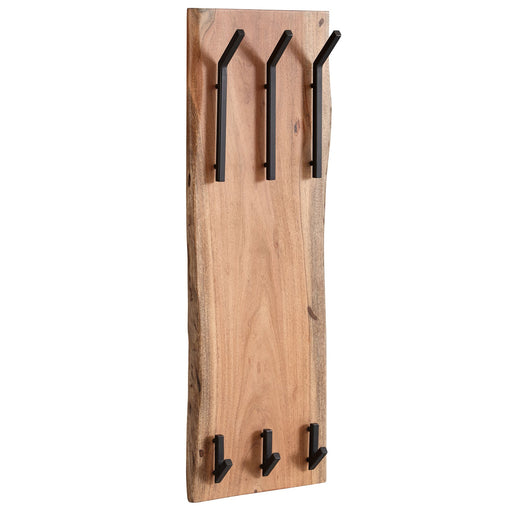 Wandgarderobe aus Akazie Massivholz mit zwei Reihen schwarzer Metallhaken, Gesamtansicht.