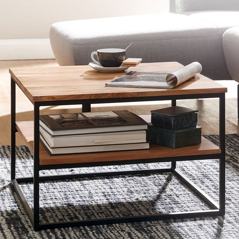 Couchtisch 60x60x41cm Akazie Massivholz Metall Industrial Stauraum