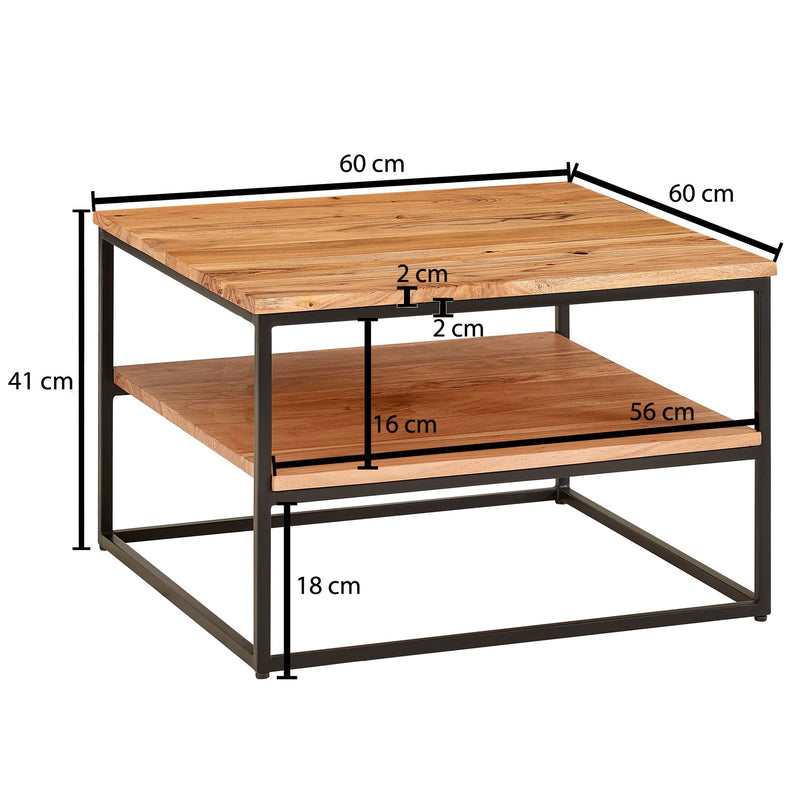 Couchtisch 60x60x41cm Akazie Massivholz Metall Industrial Stauraum