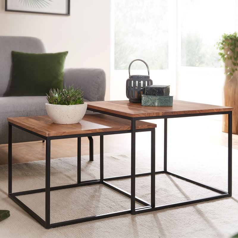 Wohnzimmertisch Set 2er Akazie Massivholz Metallbeine Eckig Design