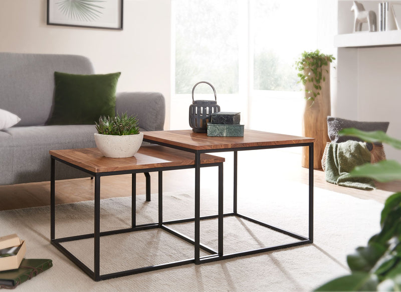Wohnzimmertisch Set 2er Akazie Massivholz Metallbeine Eckig Design