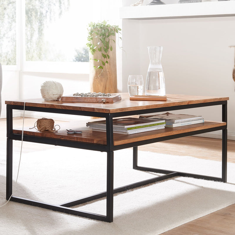 Couchtisch 100x60x45cm Akazie Massivholz Metall Industrial Stauraum