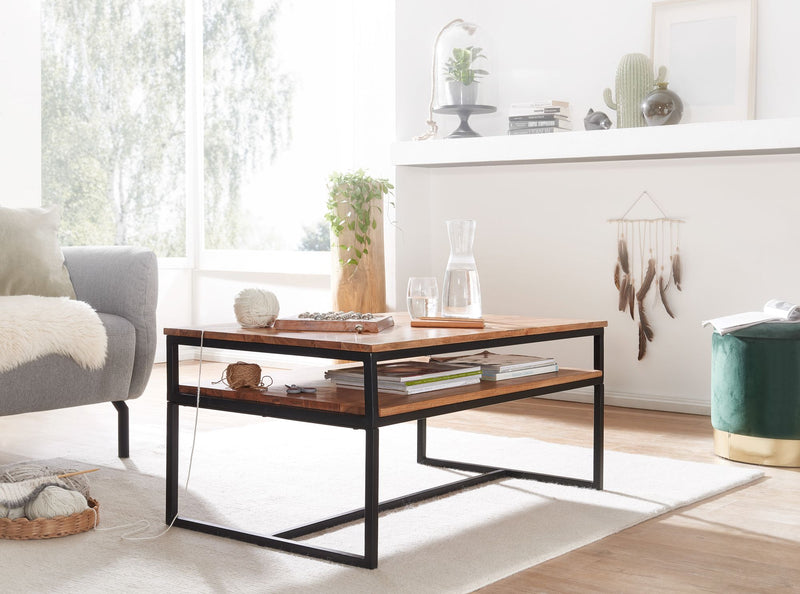 Couchtisch 100x60x45cm Akazie Massivholz Metall Industrial Stauraum