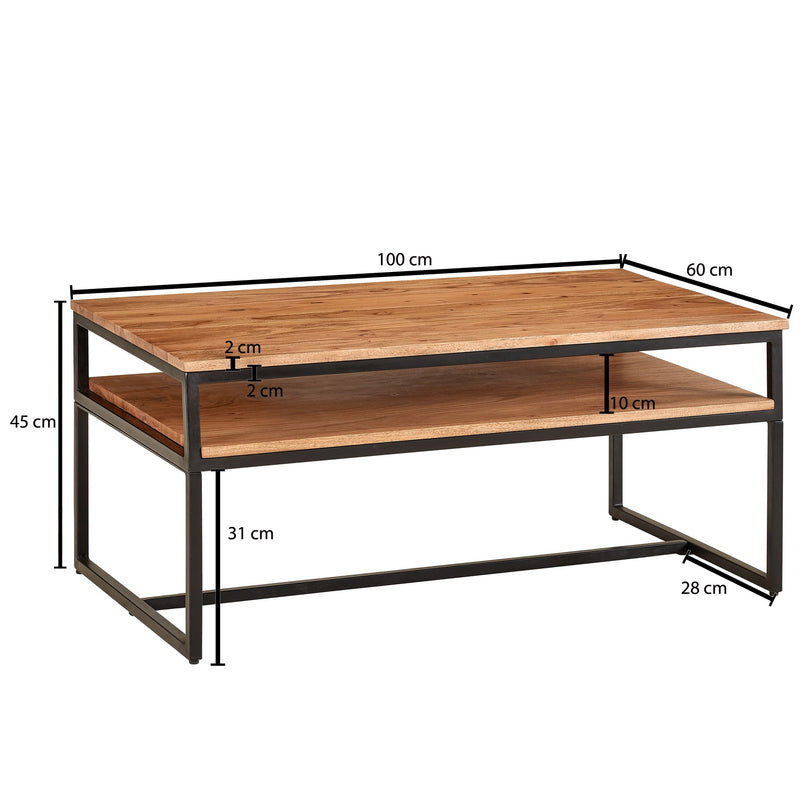 Couchtisch 100x60x45cm Akazie Massivholz Metall Industrial Stauraum