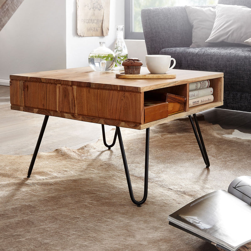 Couchtisch Akazie Massivholz Metall 60x60x40cm Stauraum Braun