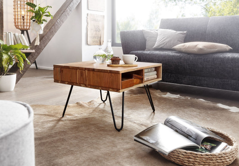 Couchtisch Akazie Massivholz Metall 60x60x40cm Stauraum Braun