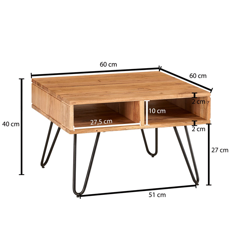 Couchtisch Akazie Massivholz Metall 60x60x40cm Stauraum Braun