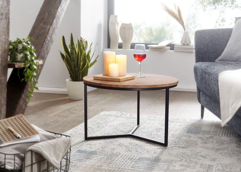 Couchtisch 60x60x38cm Akazie Massivholz Metall Rund Wohnzimmer