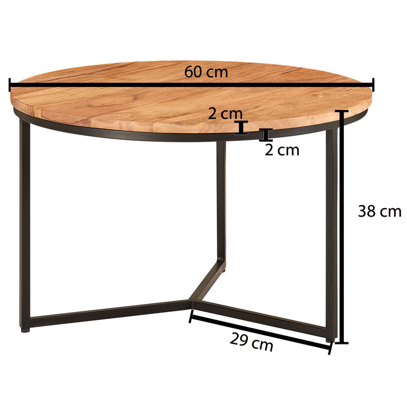 Couchtisch 60x60x38cm Akazie Massivholz Metall Rund Wohnzimmer