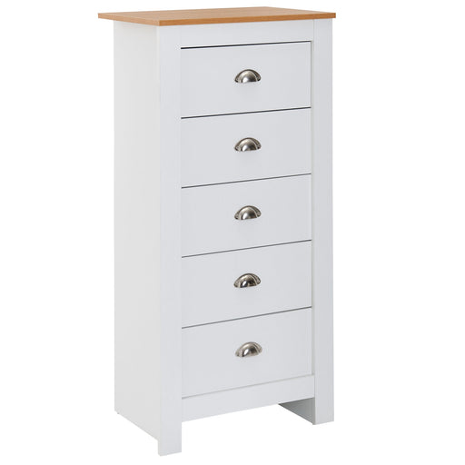 Sideboard 5 Schubladen in Weiß mit Eichenholz-Arbeitsplatte und metallenen Griffmuscheln, Gesamtansicht.
