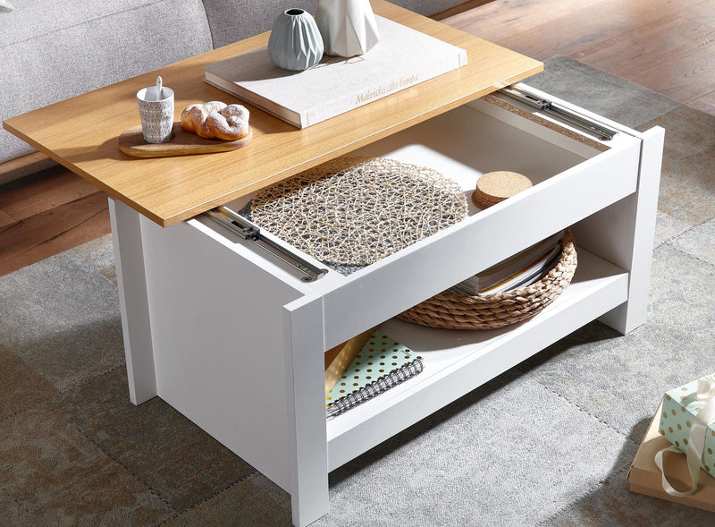 Couchtisch Weiß Eiche 85x47x45cm mit Stauraum Ablagefach Modern