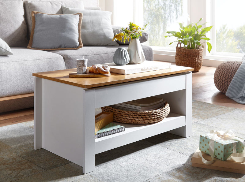Couchtisch Weiß Eiche 85x47x45cm mit Stauraum Ablagefach Modern