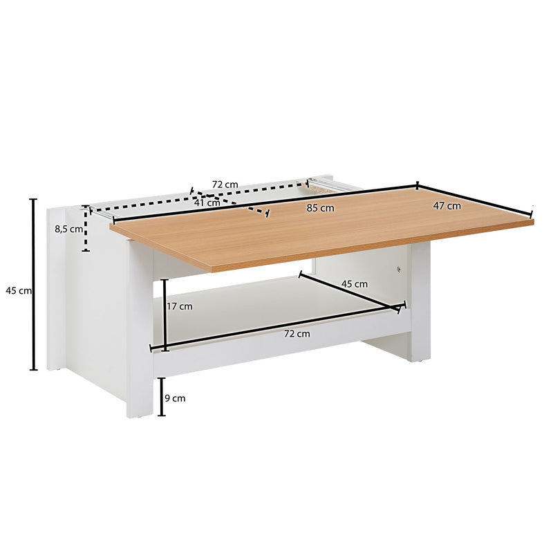 Couchtisch Weiß Eiche 85x47x45cm mit Stauraum Ablagefach Modern
