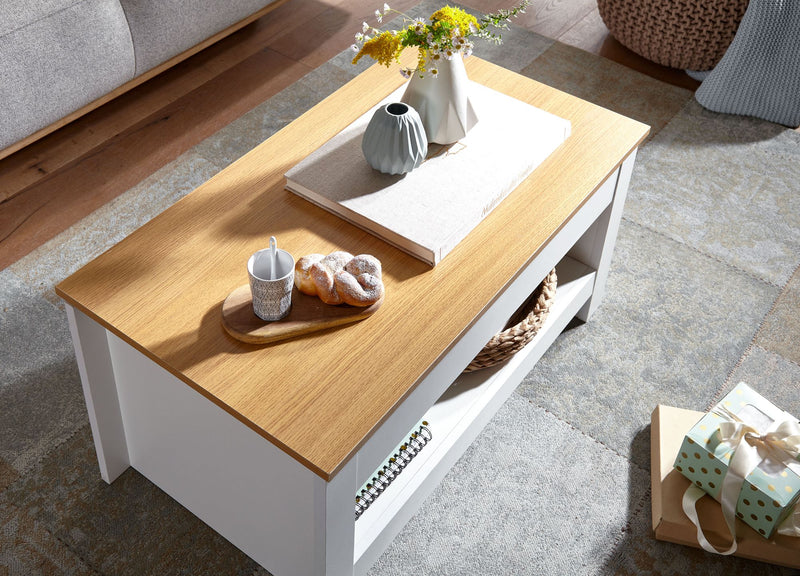 Couchtisch Weiß Eiche 85x47x45cm mit Stauraum Ablagefach Modern