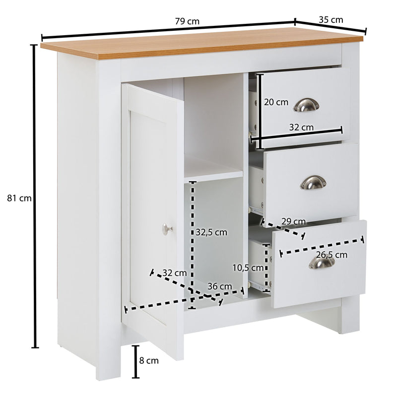 Sideboard 3 Schubladen 79x81x35cm Weiß Eiche Modern Wohnzimmer