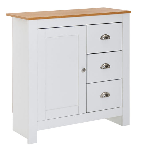 Sideboard 3 Schubladen Weiß mit Eichenholzplatte, weißem Korpus und metallenen Griffleisten, Gesamtansicht.