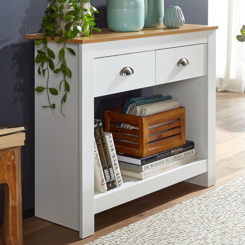 Konsolentisch 85x35x76cm Weiß Eiche Modern Schubladen Stauraum Flur