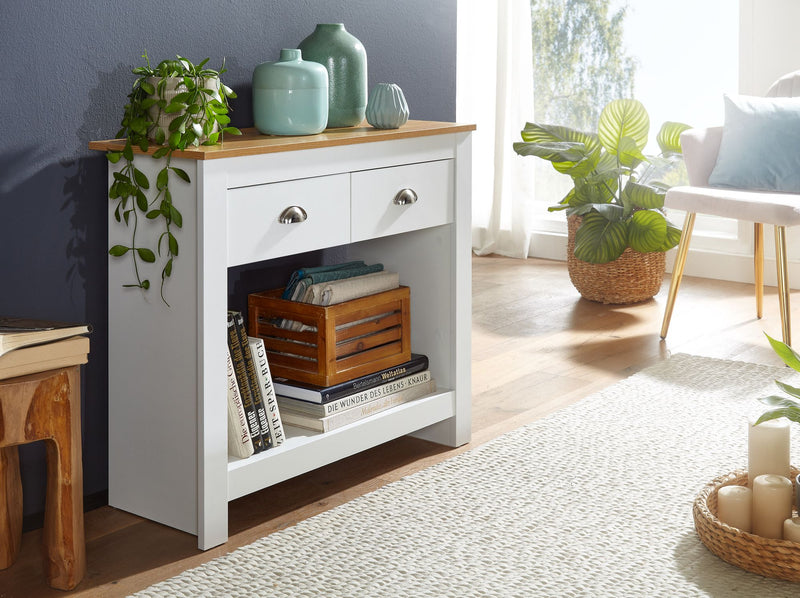 Konsolentisch 85x35x76cm Weiß Eiche Modern Schubladen Stauraum Flur
