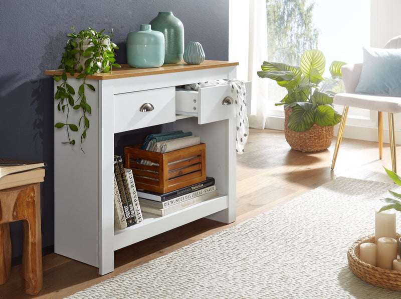 Konsolentisch 85x35x76cm Weiß Eiche Modern Schubladen Stauraum Flur