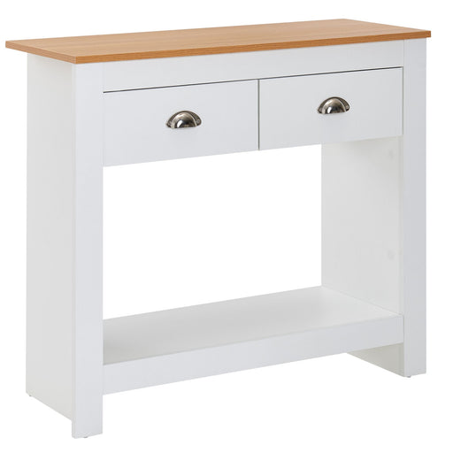 Konsolentisch 85x35x76cm Weiß Eiche Modern mit Holzplatte in Eicheoptik, weißem Korpus und zwei metallbestückten Schubladen.