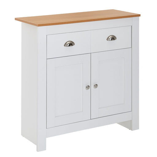 Sideboard 79x81x34,5cm Weiß Eiche Modern in Gesamtansicht mit Eichenplatte, weißem Korpus und zwei Türen.