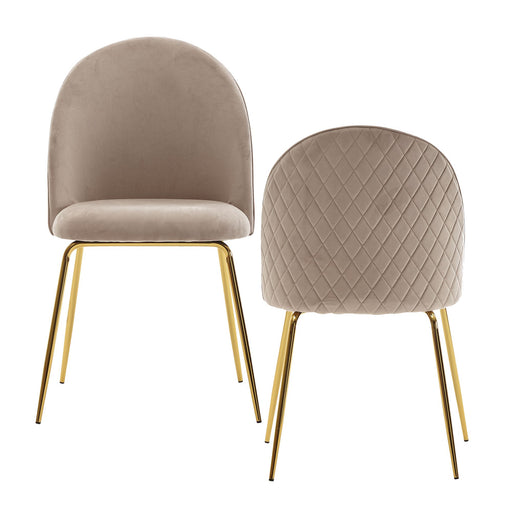 Esszimmerstuhl 2er Set Samt Beige mit beigem Samtbezug, goldenen Metallbeinen und gesteppter Rautenlehne.