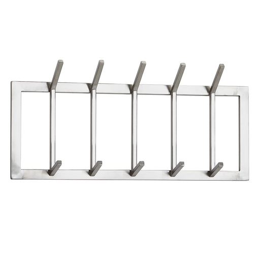Wandgarderobe Stahl Silber 65x30x10cm Hakenleiste Flur Design in Gesamtansicht mit fünf Doppelhaken aus Metall.
