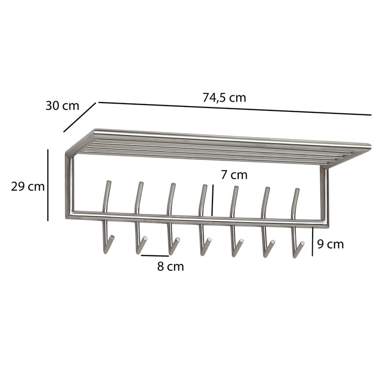 Wandgarderobe Metall Silber 74,5x29x30cm mit Ablage Hakenleiste Flur