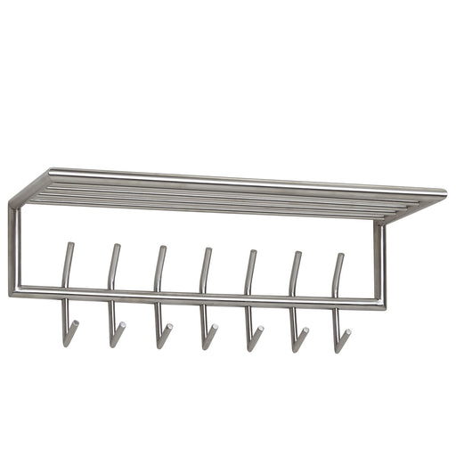 Wandgarderobe Metall Silber mit sieben Haken und Ablage, Gesamtansicht von vorne.
