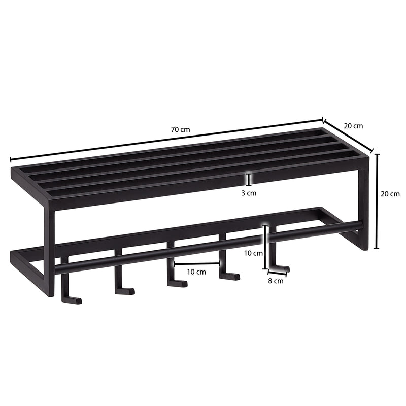 Wandgarderobe Metall Schwarz 70x20x20cm mit Ablage Hakenleiste Flur