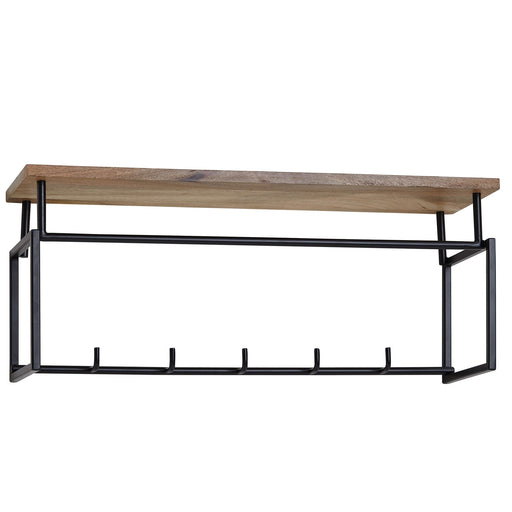 Wandgarderobe Mango Massivholz Metall in Gesamtansicht mit Holzablage oben, schwarzem Metallgestell und fünf Haken unten.