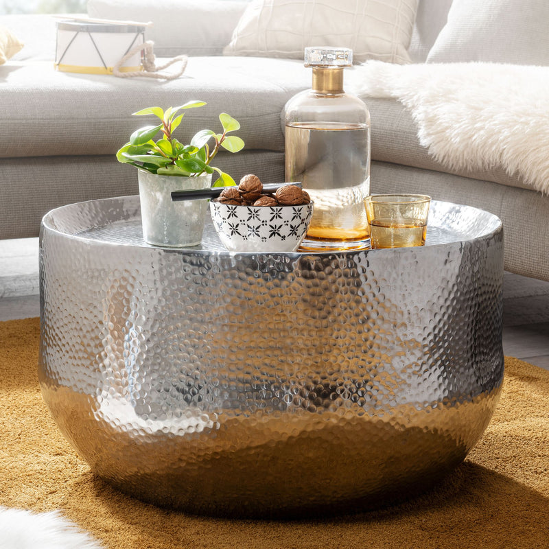 Couchtisch Hammerschlag Aluminium Rund 60x60x35cm Silber Orientalisch