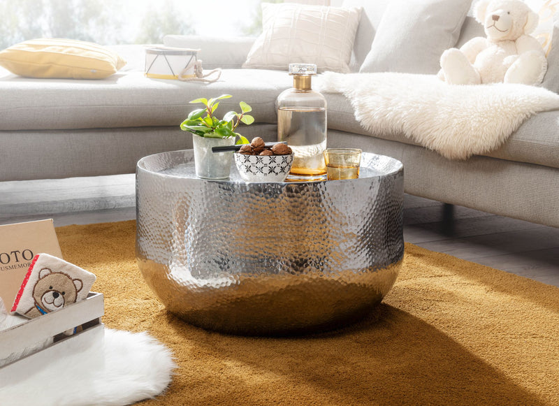 Couchtisch Hammerschlag Aluminium Rund 60x60x35cm Silber Orientalisch