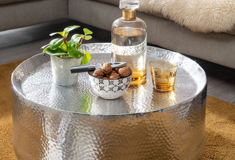 Couchtisch Hammerschlag Aluminium Rund 60x60x35cm Silber Orientalisch