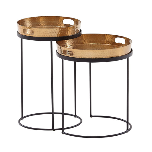 Zweiteiliges Beistelltisch-Set mit gehämmerten Metallschalen in Gold und schwarzen Stahlgestellen.