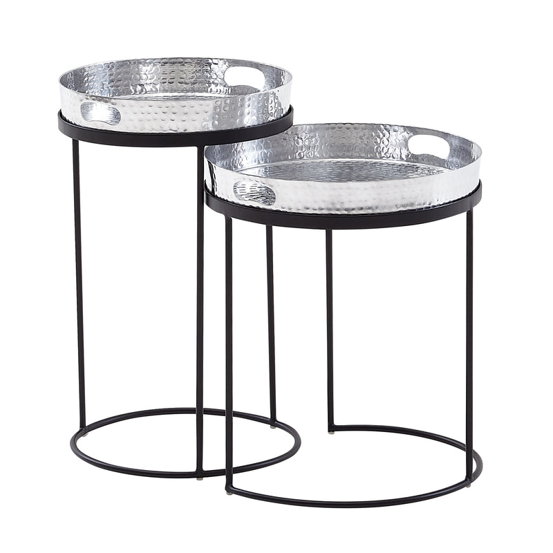 Beistelltisch 2er Set Rund Silber Schwarz Metall Hammerschlag Tablett
