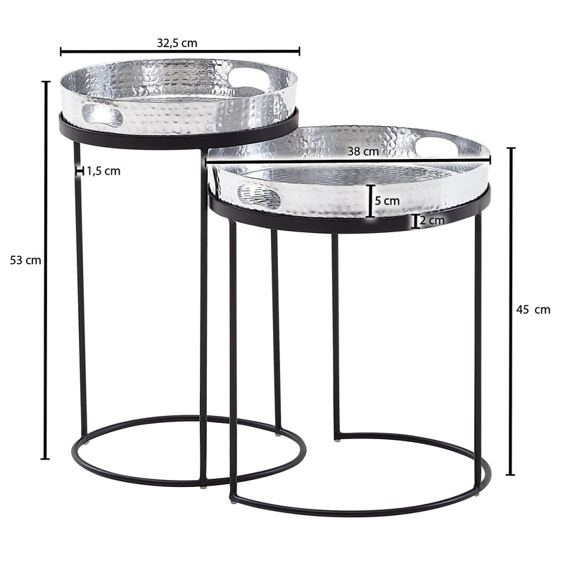 Beistelltisch 2er Set Rund Silber Schwarz Metall Hammerschlag Tablett