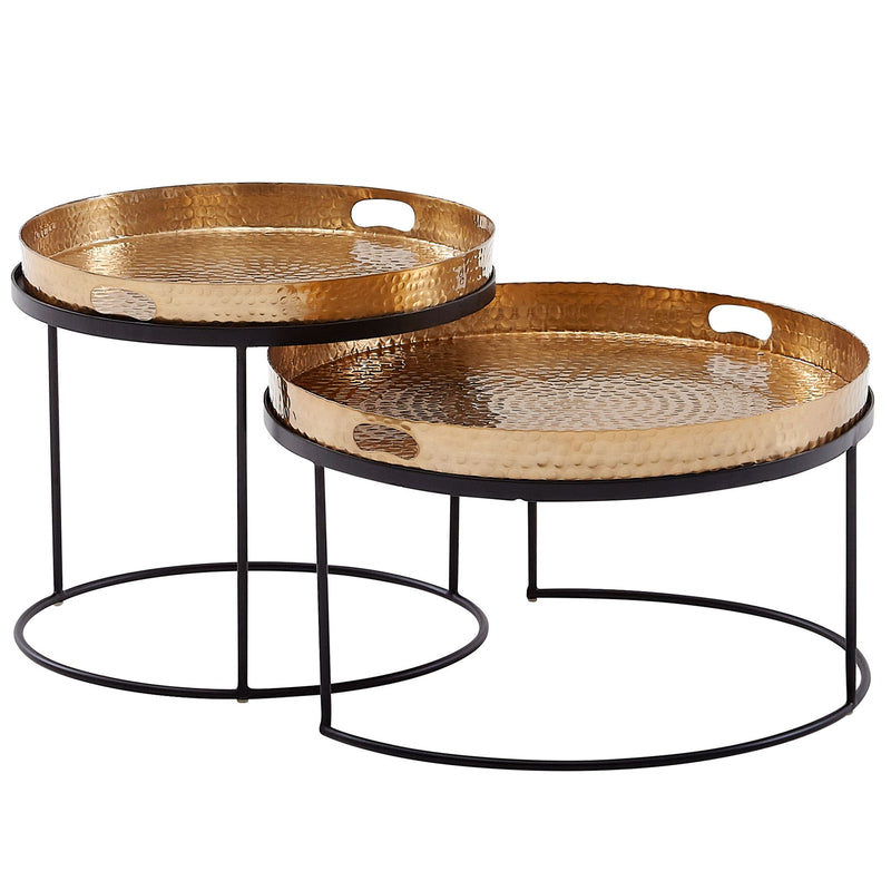 Couchtisch 2er Set Rund Metall Gold Schwarz Hammerschlag Tablett