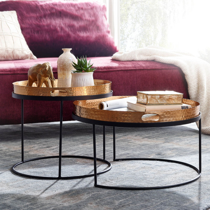 Couchtisch 2er Set Rund Metall Gold Schwarz Hammerschlag Tablett