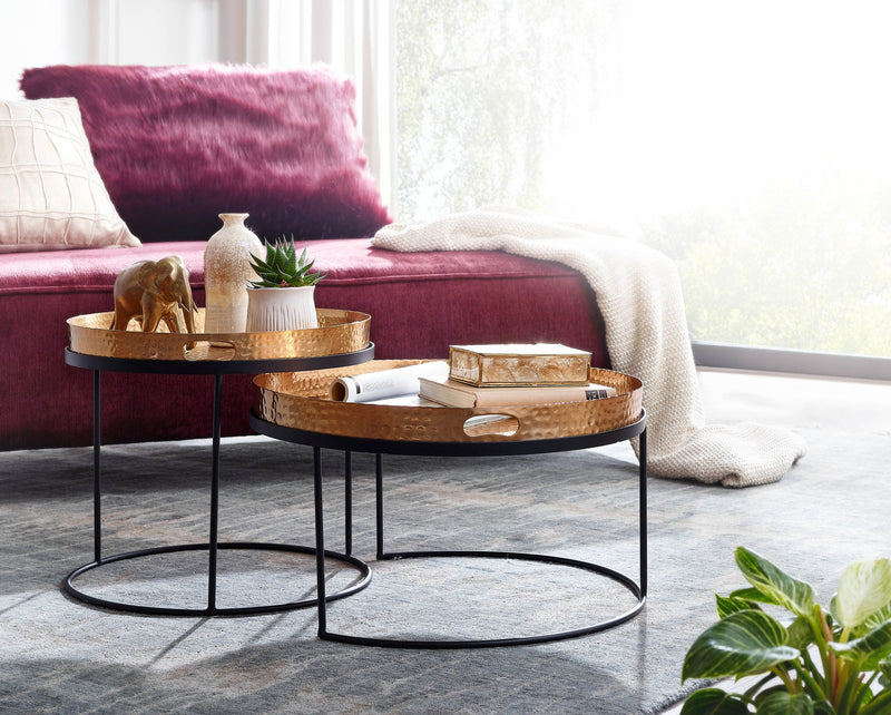 Couchtisch 2er Set Rund Metall Gold Schwarz Hammerschlag Tablett