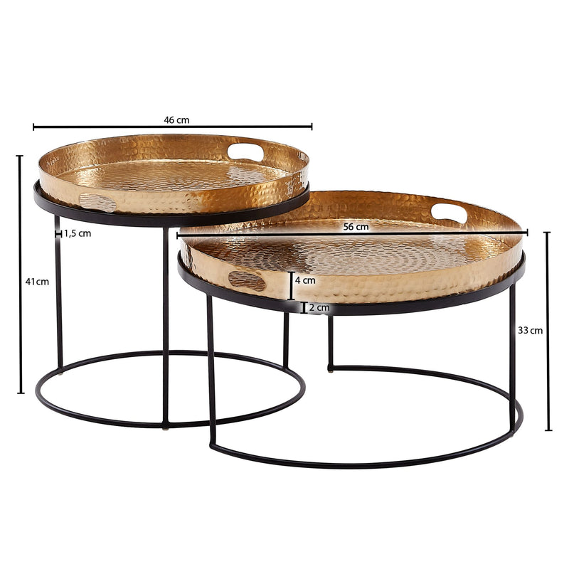 Couchtisch 2er Set Rund Metall Gold Schwarz Hammerschlag Tablett