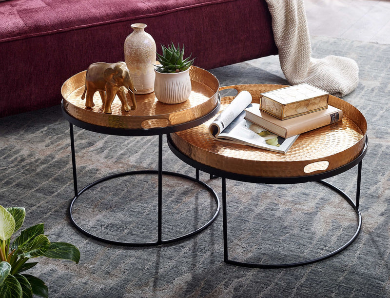 Couchtisch 2er Set Rund Metall Gold Schwarz Hammerschlag Tablett