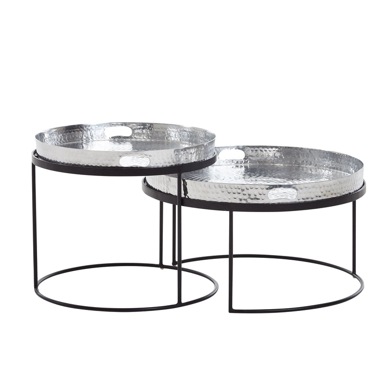 Couchtisch Set 2-teilig Rund Metall Silber Schwarz Hammerschlag
