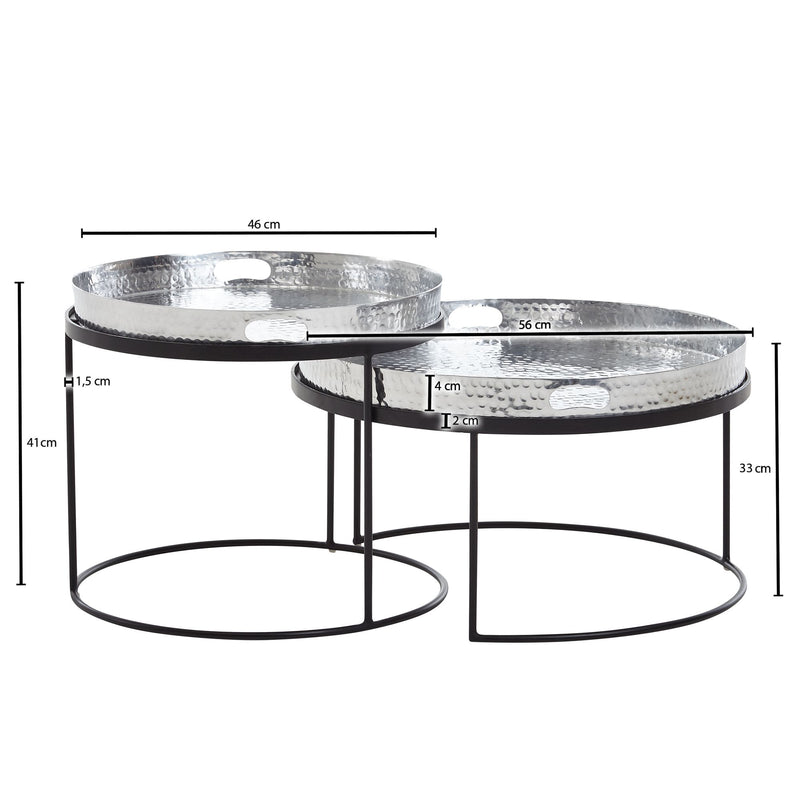 Couchtisch Set 2-teilig Rund Metall Silber Schwarz Hammerschlag