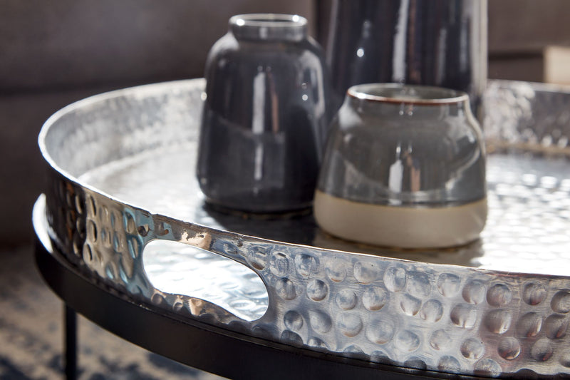 Couchtisch Set 2-teilig Rund Metall Silber Schwarz Hammerschlag