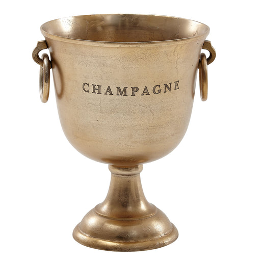 Champagnerkühler Gold Aluminium mit Fuß und seitlichen Henkeln, Frontansicht mit „CHAMPAGNE"-Schriftzug.